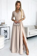 309-10 AMBER lace, elegant long dress with a neckline and leg slit - beige-1