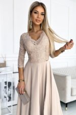 309-10 AMBER lace, elegant long dress with a neckline and leg slit - beige-2