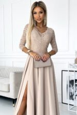 309-10 AMBER lace, elegant long dress with a neckline and leg slit - beige-5