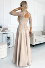 309-10 AMBER lace, elegant long dress with a neckline and leg slit - beige-3