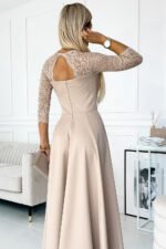 309-10 AMBER lace, elegant long dress with a neckline and leg slit - beige-6