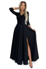 309-11 AMBER lace, elegant long dress with a neckline and leg slit - black-7
