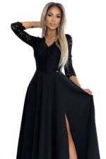 309-11 AMBER lace, elegant long dress with a neckline and leg slit - black-8
