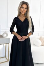 309-11 AMBER lace, elegant long dress with a neckline and leg slit - black-2