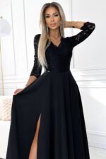 309-11 AMBER lace, elegant long dress with a neckline and leg slit - black-4