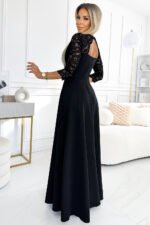 309-11 AMBER lace, elegant long dress with a neckline and leg slit - black-3
