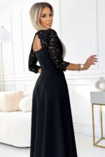 309-11 AMBER lace, elegant long dress with a neckline and leg slit - black-5