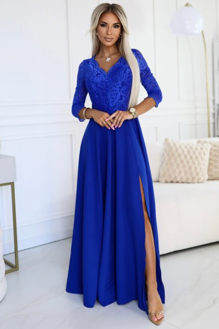 309-12 AMBER elegant lace long dress with a neckline - Royal blue-1