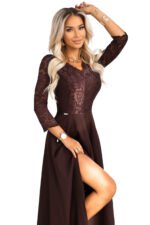 309-14 AMBER elegant long lace dress with a neckline - chocolate-8