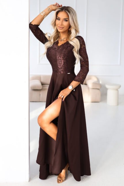 309-14 AMBER elegant long lace dress with a neckline - chocolate-1