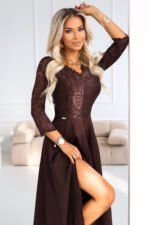 309-14 AMBER elegant long lace dress with a neckline - chocolate-5