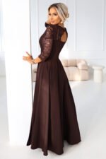 309-14 AMBER elegant long lace dress with a neckline - chocolate-2