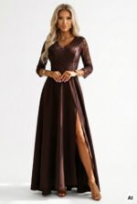 309-14 AMBER elegant long lace dress with a neckline - chocolate-13