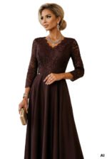 309-14 AMBER elegant long lace dress with a neckline - chocolate-18