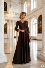 309-14 AMBER elegant long lace dress with a neckline - chocolate-16