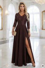 309-14 AMBER elegant long lace dress with a neckline - chocolate-12