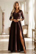 309-14 AMBER elegant long lace dress with a neckline - chocolate-11