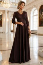 309-14 AMBER elegant long lace dress with a neckline - chocolate-14