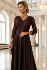 309-14 AMBER elegant long lace dress with a neckline - chocolate-15