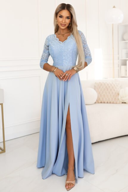 309-15 AMBER Elegant Long Lace Gown with Neckline - Sky Blue-1