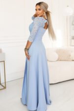 309-15 AMBER Elegant Long Lace Gown with Neckline - Sky Blue-2