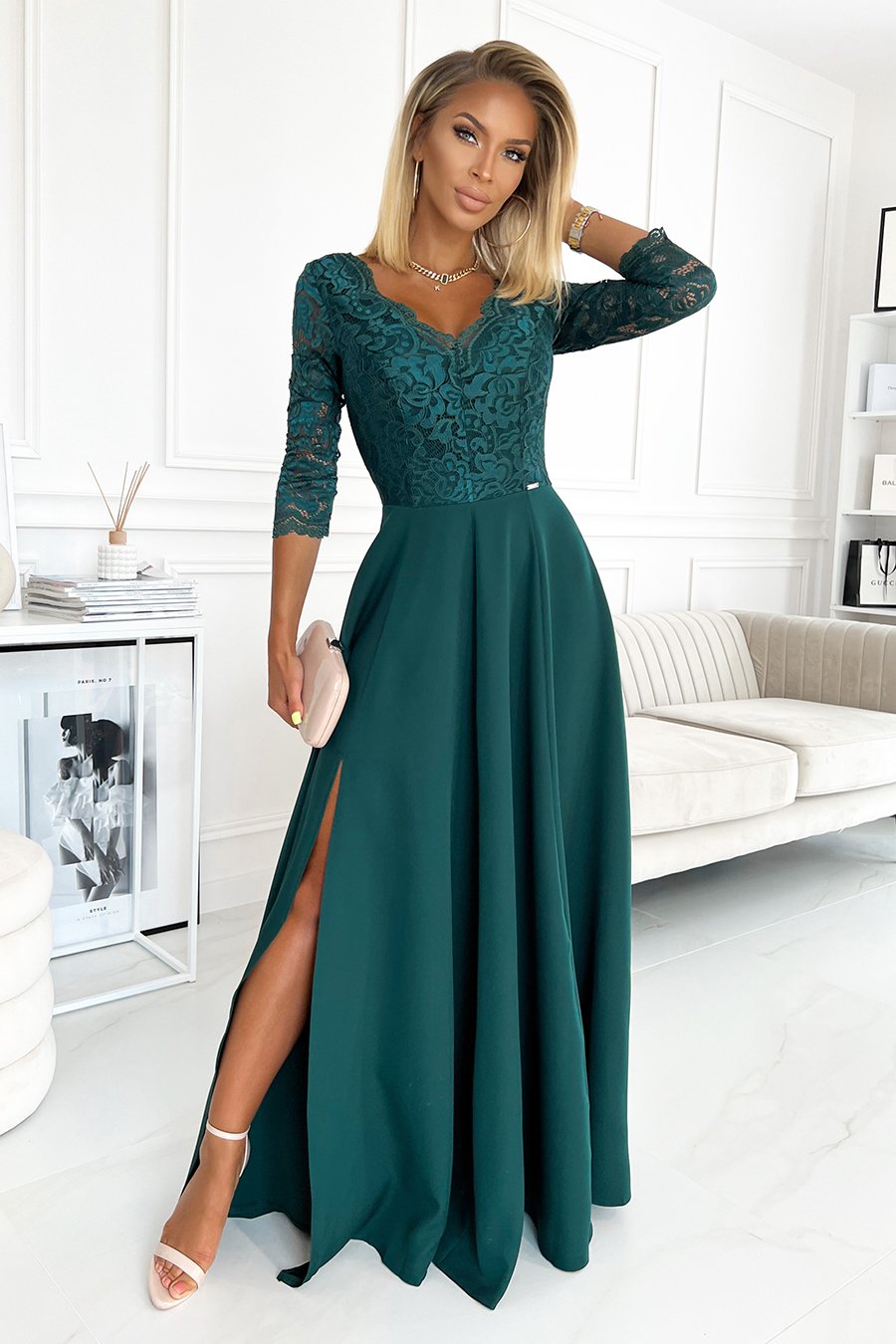 309-5 AMBER elegant lace long dress with a neckline - green-1 309-5 AMBER elegant lace long dress with a neckline - green-1