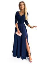 309-6 AMBER elegant lace long dress with a neckline - navy blue-7