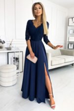 309-6 AMBER elegant lace long dress with a neckline - navy blue-1