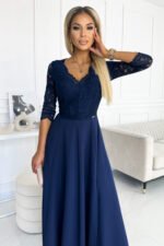 309-6 AMBER elegant lace long dress with a neckline - navy blue-3