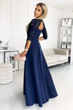 309-6 AMBER elegant lace long dress with a neckline - navy blue-2