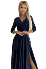 309-7 AMBER lace long satin dress with a neckline - dark blue-8