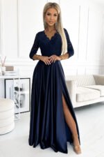 309-7 AMBER lace long satin dress with a neckline - dark blue-1