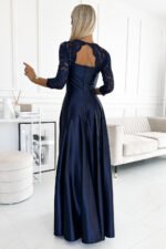 309-7 AMBER lace long satin dress with a neckline - dark blue-2