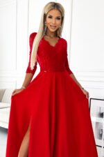 309-8 AMBER lace, elegant long dress with a neckline and leg slit - red-4