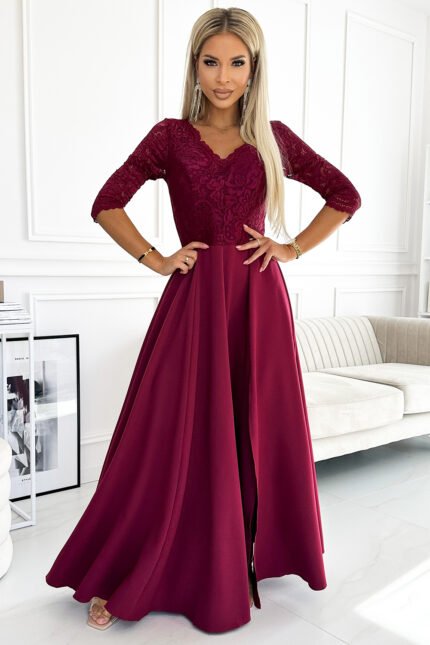 309-9 AMBER elegant long maxi dress with lace neckline - burgundy-1