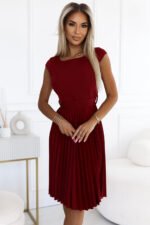 311-15 LILA Pleated dress with short sleeves - color burgundy-1