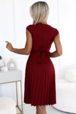 311-15 LILA Pleated dress with short sleeves - color burgundy-3