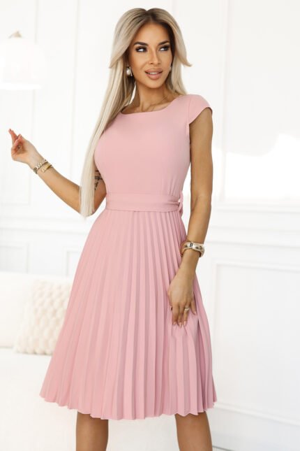 311-19 LILA Classic pleated dress with short sleeves and a belt - powder pink-1