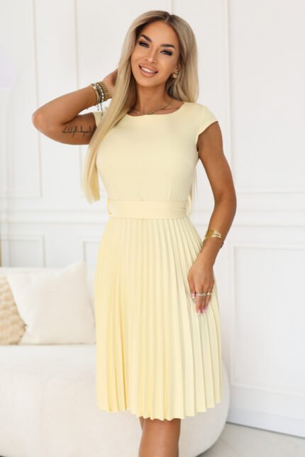 311-21 LILA Classic pleated dress with short sleeves and a belt - butter yellow-1
