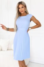 311-22 LILA Classic pleated dress with short sleeves and a belt - sky blue-4