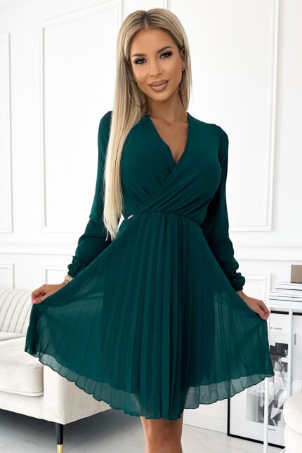 313-14 ISABELLE Pleated chiffon dress with a neckline - green-1