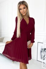 313-15 ISABELLE Pleated dress with neckline and long sleeve - Burgundy color-2
