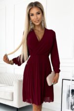 313-15 ISABELLE Pleated dress with neckline and long sleeve - Burgundy color-1
