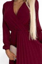 313-15 ISABELLE Pleated dress with neckline and long sleeve - Burgundy color-5
