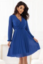 313-18 ISABELLE Elegant pleated dress with a neckline and long sleeves - cornflower blue-1