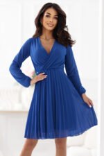313-18 ISABELLE Elegant pleated dress with a neckline and long sleeves - cornflower blue-5