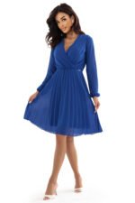 313-18 ISABELLE Elegant pleated dress with a neckline and long sleeves - cornflower blue-8