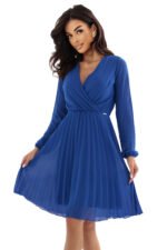 313-18 ISABELLE Elegant pleated dress with a neckline and long sleeves - cornflower blue-9