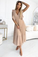 315-6 EMILY Pleated dress with ruffles on the shoulders and neckline - beige-1