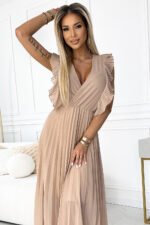315-6 EMILY Pleated dress with ruffles on the shoulders and neckline - beige-5